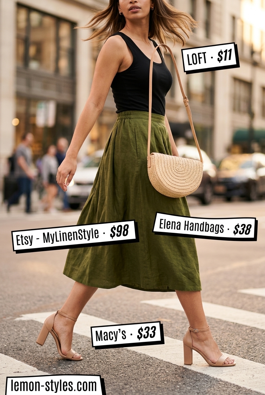 Chic summer evening outfit: olive green midi skirt, black top, tan block heels. What to wear with tennis skirt summer 2026.