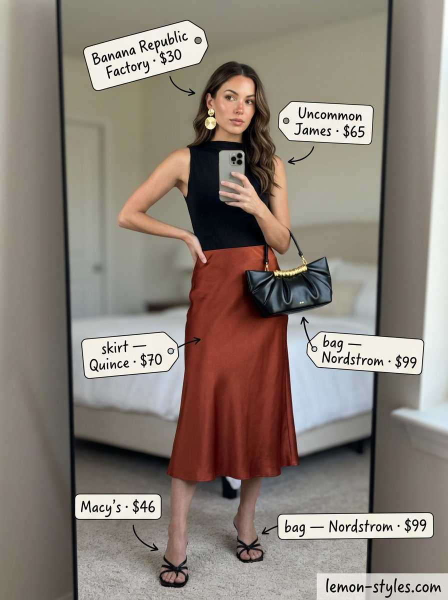 What to Wear with Tennis Skirt Summer 2026: Burnt orange satin skirt, black mock-neck top, gold earrings, and strappy heels for evening.