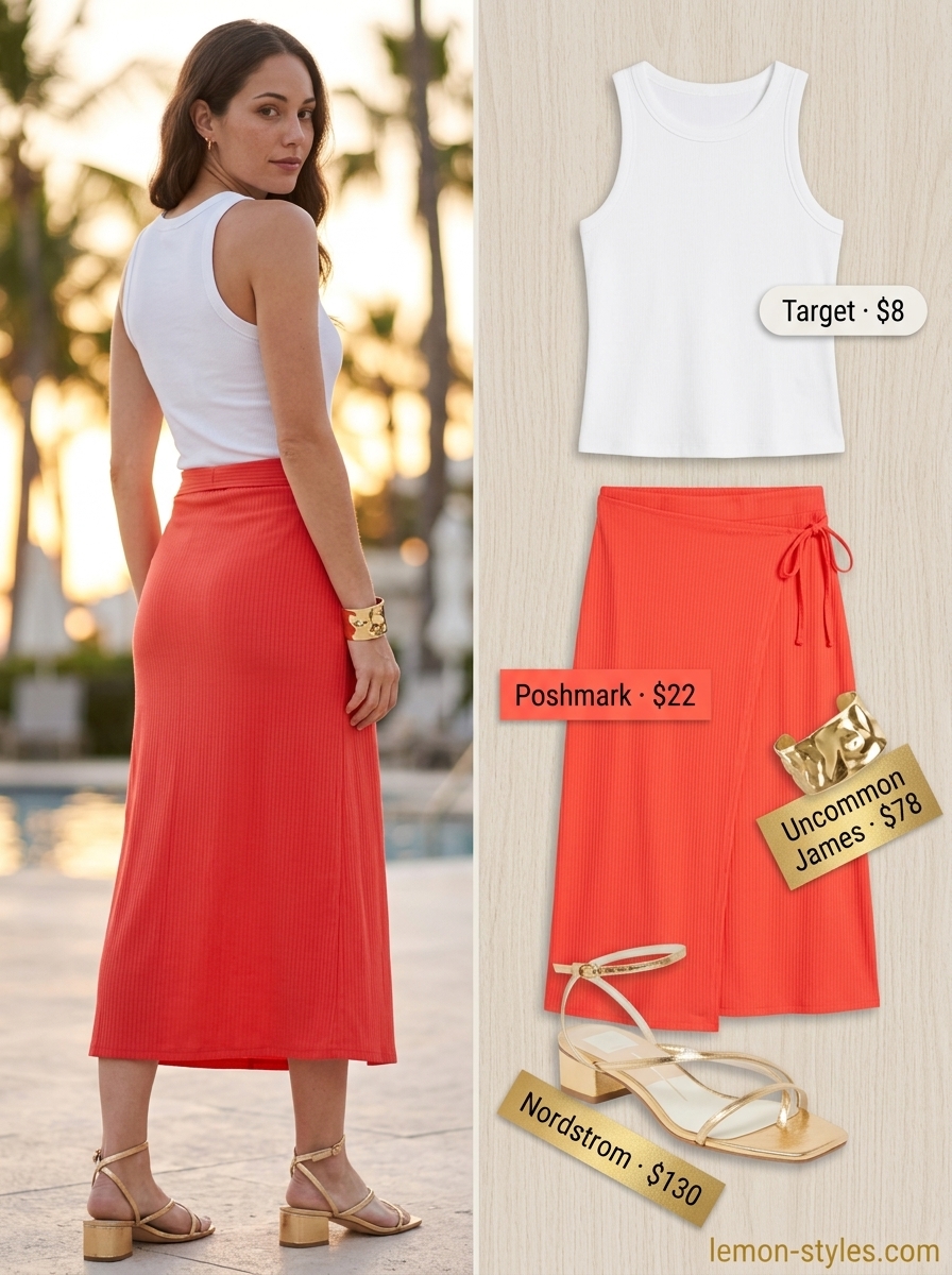 What to Wear with Tennis Skirt Summer 2026: Coral wrap skirt, white knit top, gold sandals, and clutch for a glamorous evening.