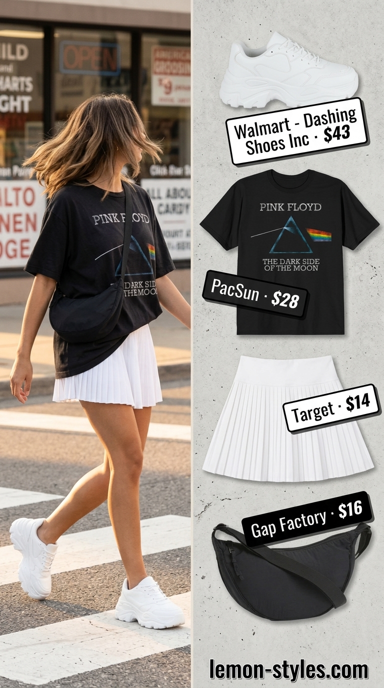 What to Wear with Tennis Skirt Summer 2026: Black tennis skirt, oversized graphic tee, platform sneakers for a sporty look.