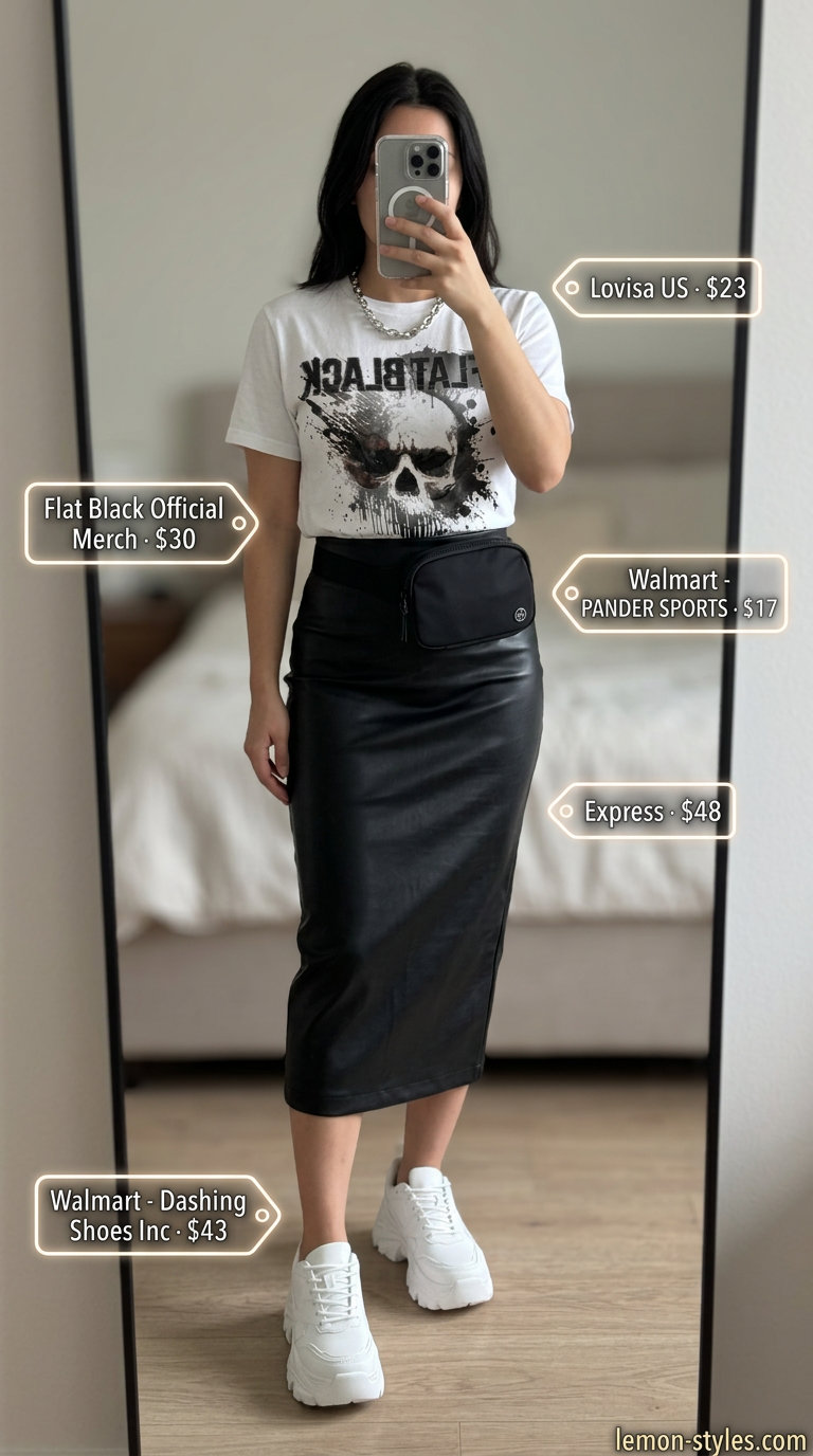 Urban explorer outfit: black faux leather skirt, graphic tee, silver sneakers. What to wear with tennis skirt summer 2026.