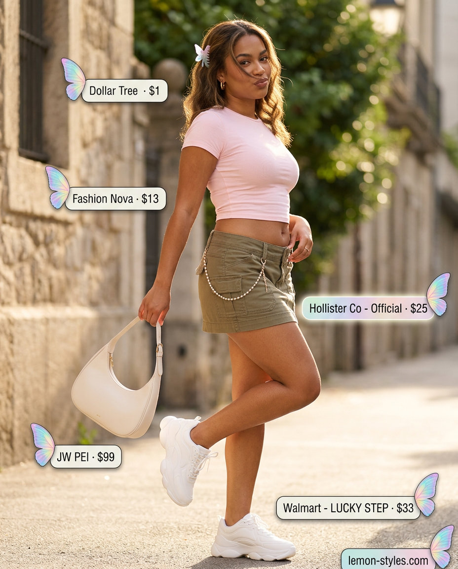 Y2K nostalgic outfit: khaki cargo skirt, baby pink graphic tee, platform sneakers. What to wear with tennis skirt summer 2026.