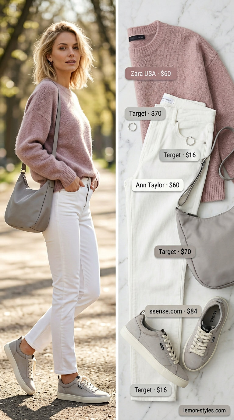 What to Wear with White Jeans Summer 2026: Elevated Athleisure look with blush pink sweater, slim white jeans, and grey sneakers.