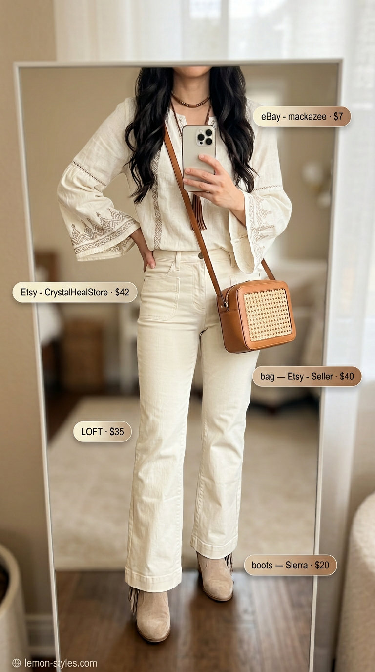 Boho Chic White Jeans: What to Wear with White Jeans Summer 2026. Relaxed white jeans, embroidered peasant blouse, suede boots.