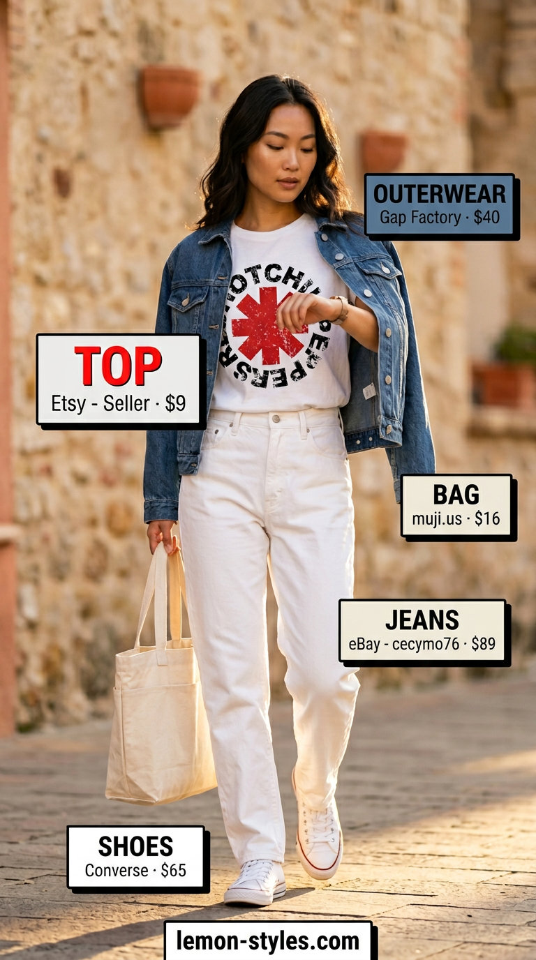 Cool white jeans with graphic tee, denim jacket, sneakers for summer 2026 casual look.