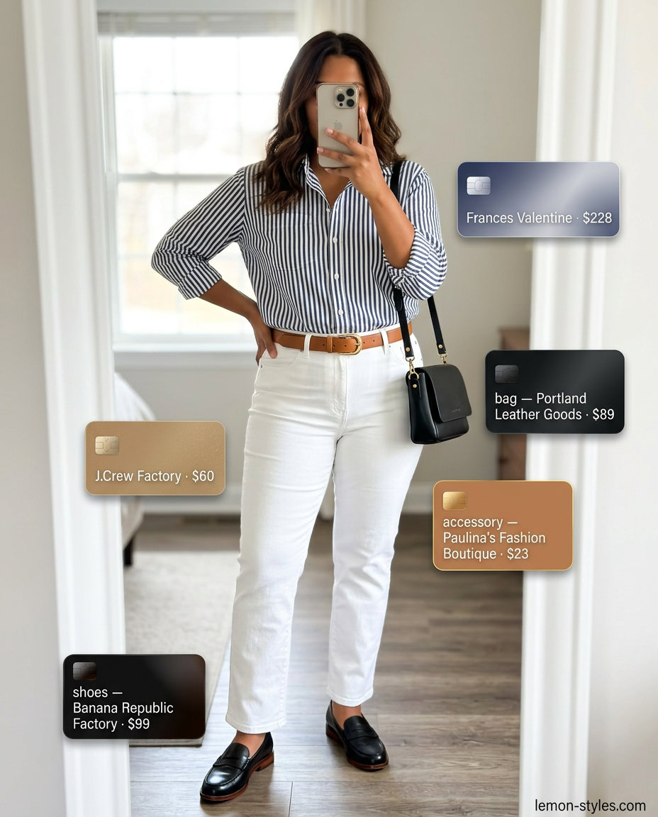 What to Wear with White Jeans Summer 2026: Chic City Explorer outfit with striped button-down, tailored white jeans, and loafers.