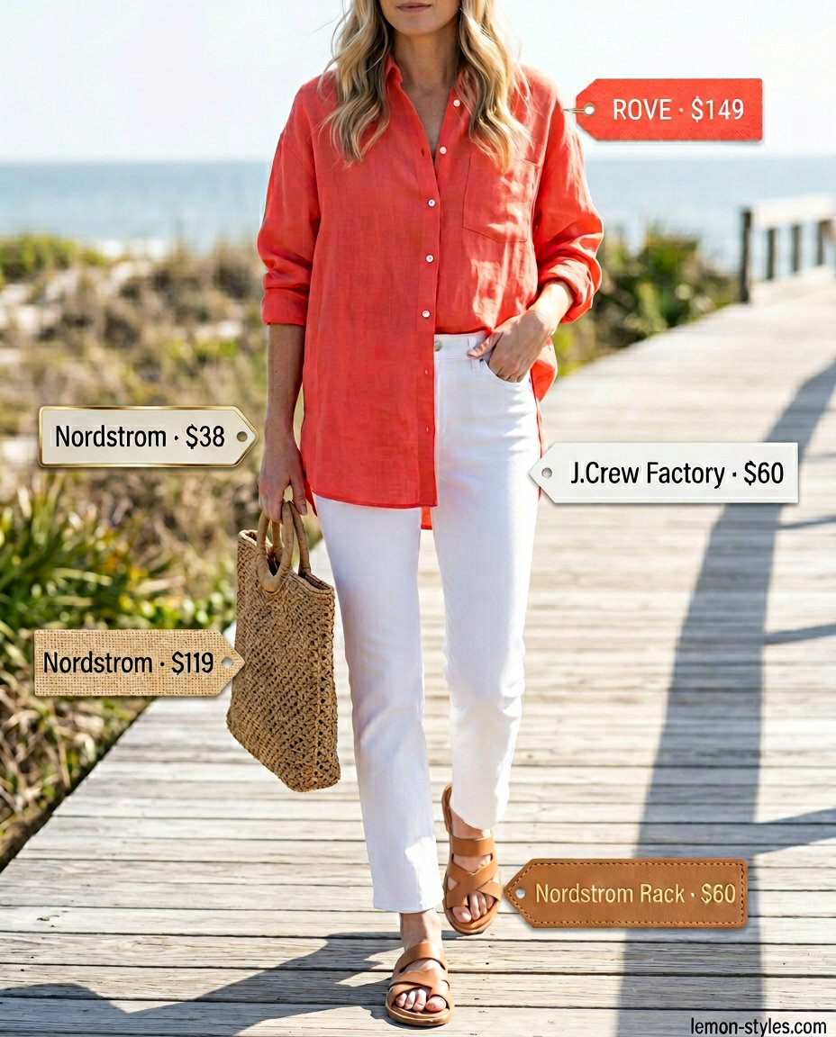 Coastal Breeze White Jeans: What to Wear with White Jeans Summer 2026. White jeans, coral linen shirt, raffia tote, and slides.