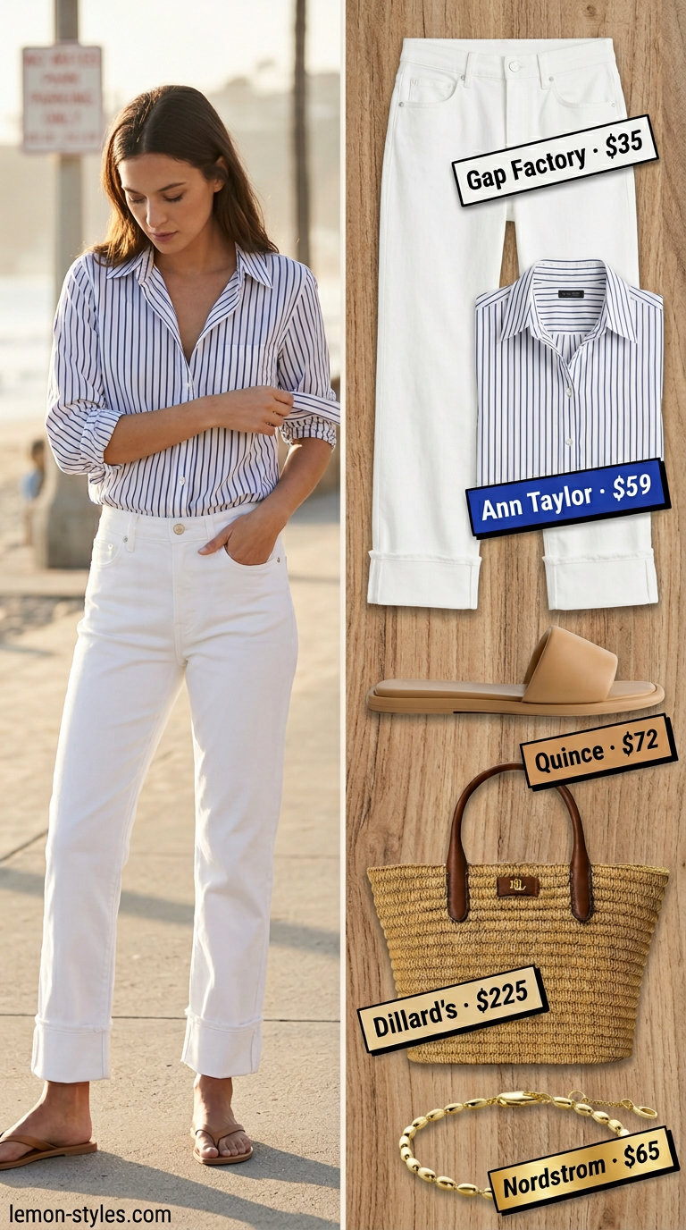 Coastal white jeans with navy stripe shirt, tan slides for summer 2026 beach brunch.