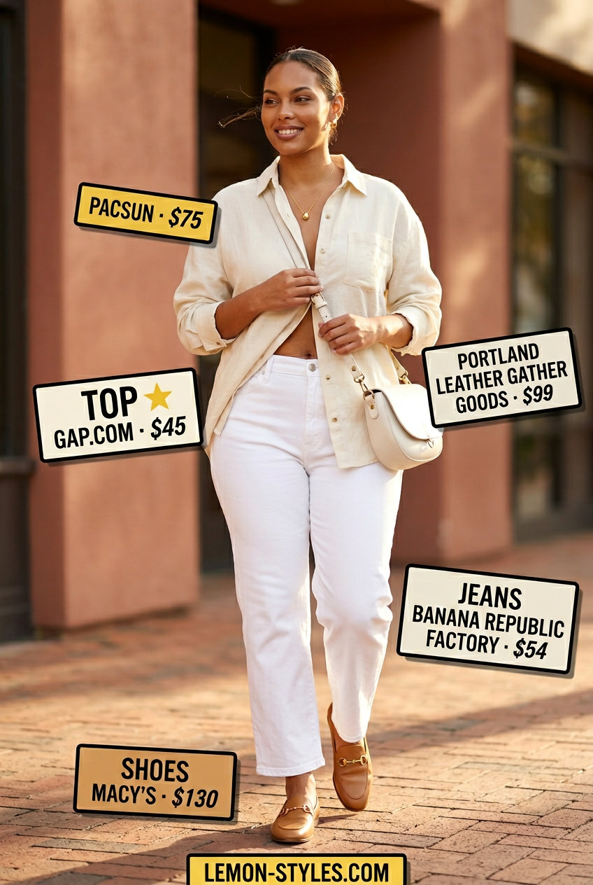 Elevated white jeans with cream oversized linen shirt, beige loafers for summer 2026 luncheon.