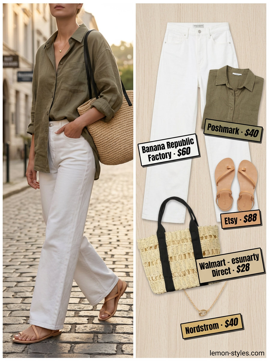 What to Wear with White Jeans Summer 2026: Effortless linen outfit with olive green oversized shirt and relaxed white jeans.