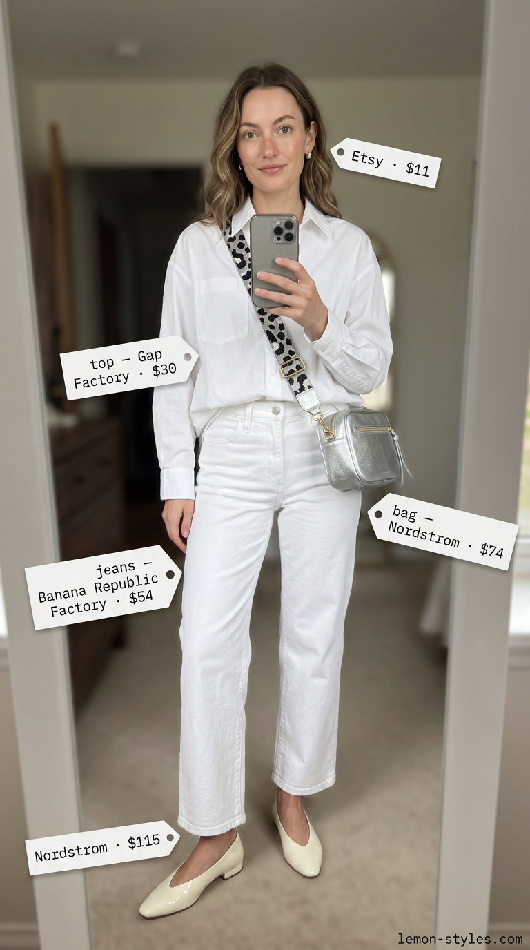Minimalist Linen White Jeans: What to Wear with White Jeans Summer 2026. White jeans, crisp white shirt, leather flats, and silver bag.