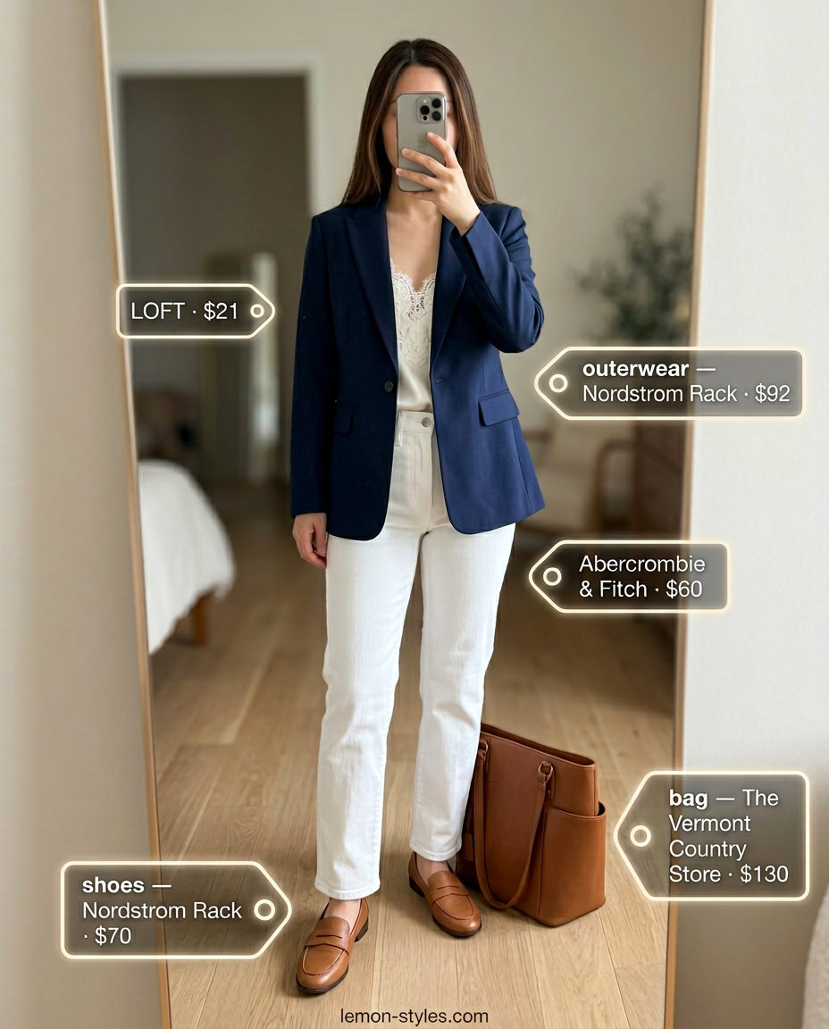 Polished Professional White Jeans: What to Wear with White Jeans Summer 2026. Tailored white jeans, navy blazer, loafers, and tote.