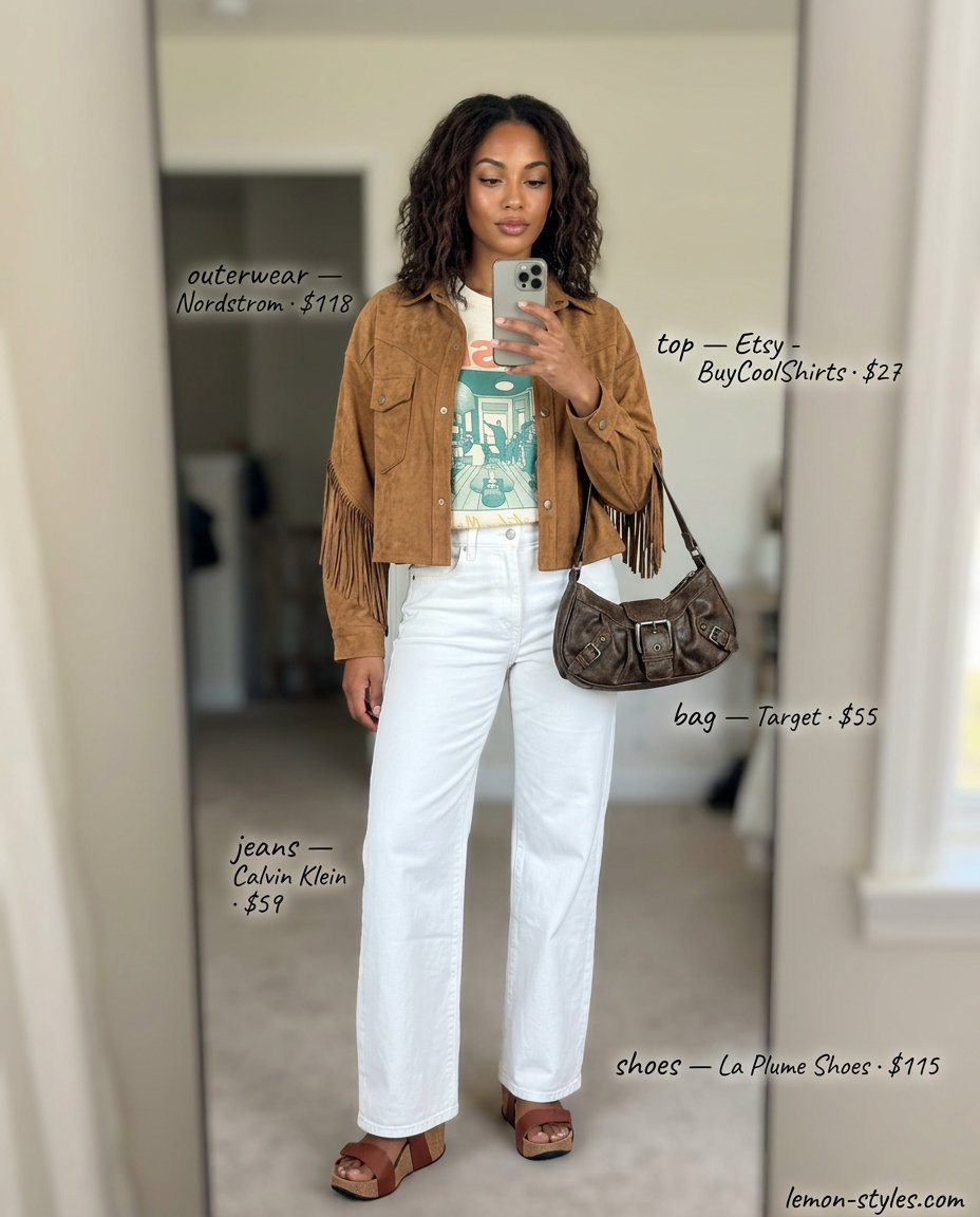 Retro Cool White Jeans: What to Wear with White Jeans Summer 2026. Wide-leg white jeans, graphic tee, suede fringe jacket, and wedges.