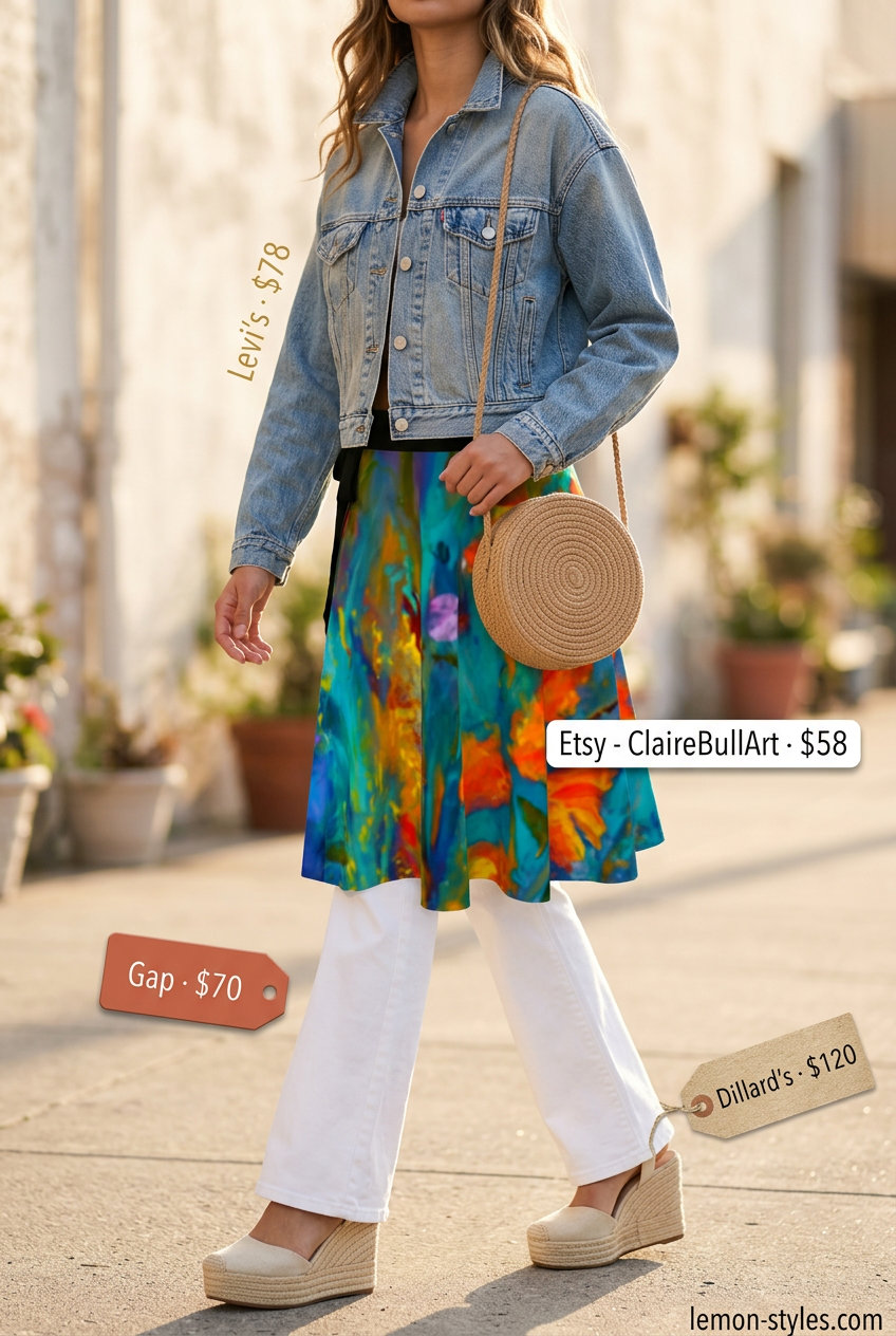 Retro white jeans with colorful midi skirt bandeau top, espadrilles for summer 2026 festival.