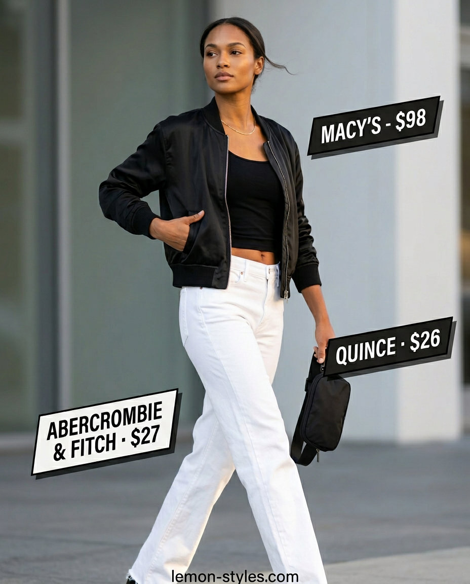 Sporty white jeans with bomber jacket, tank top, sneakers for summer 2026 casual day.