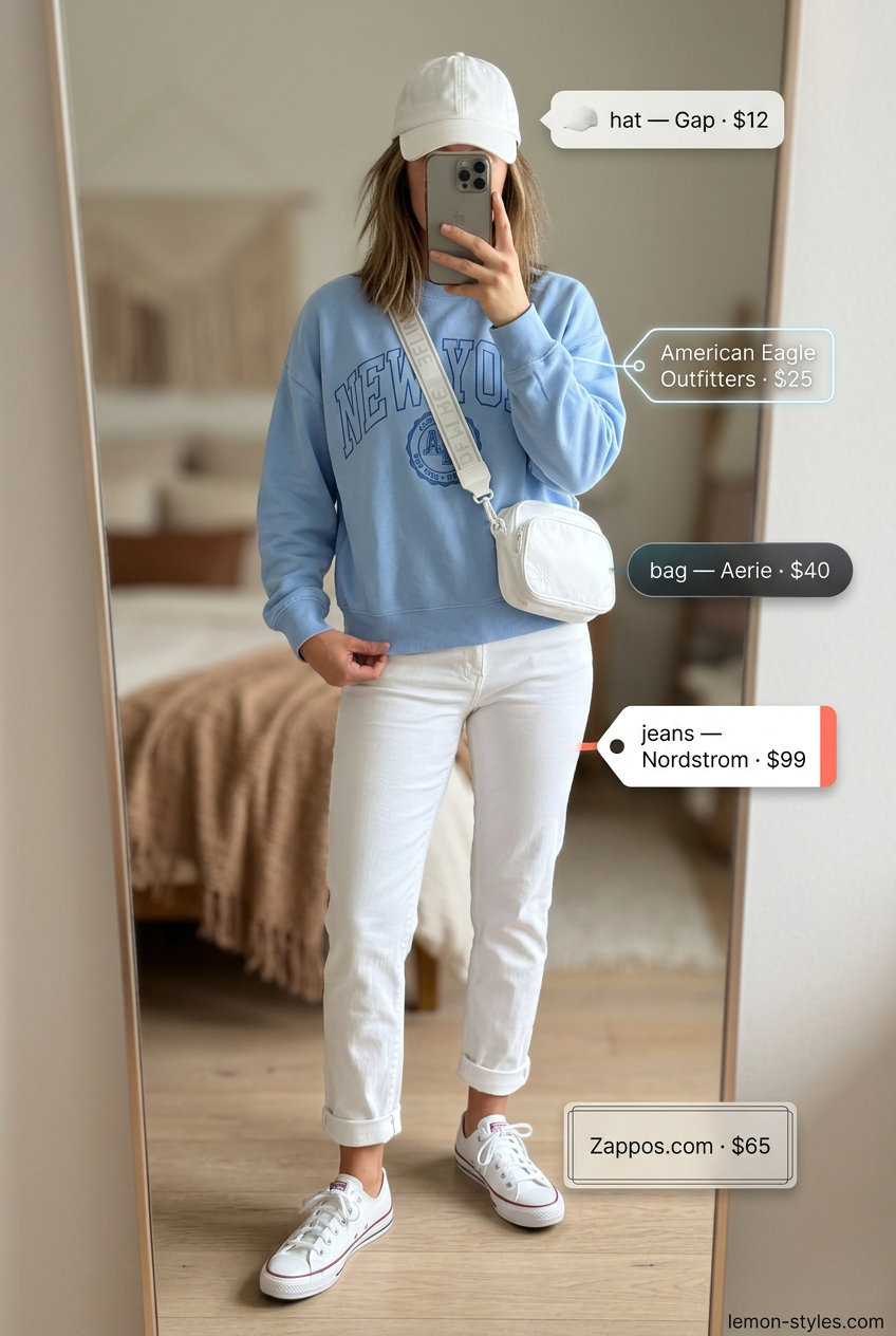 Sporty Chic White Jeans: What to Wear with White Jeans Summer 2026. Boyfriend white jeans, pastel sweatshirt, sneakers, and cap.
