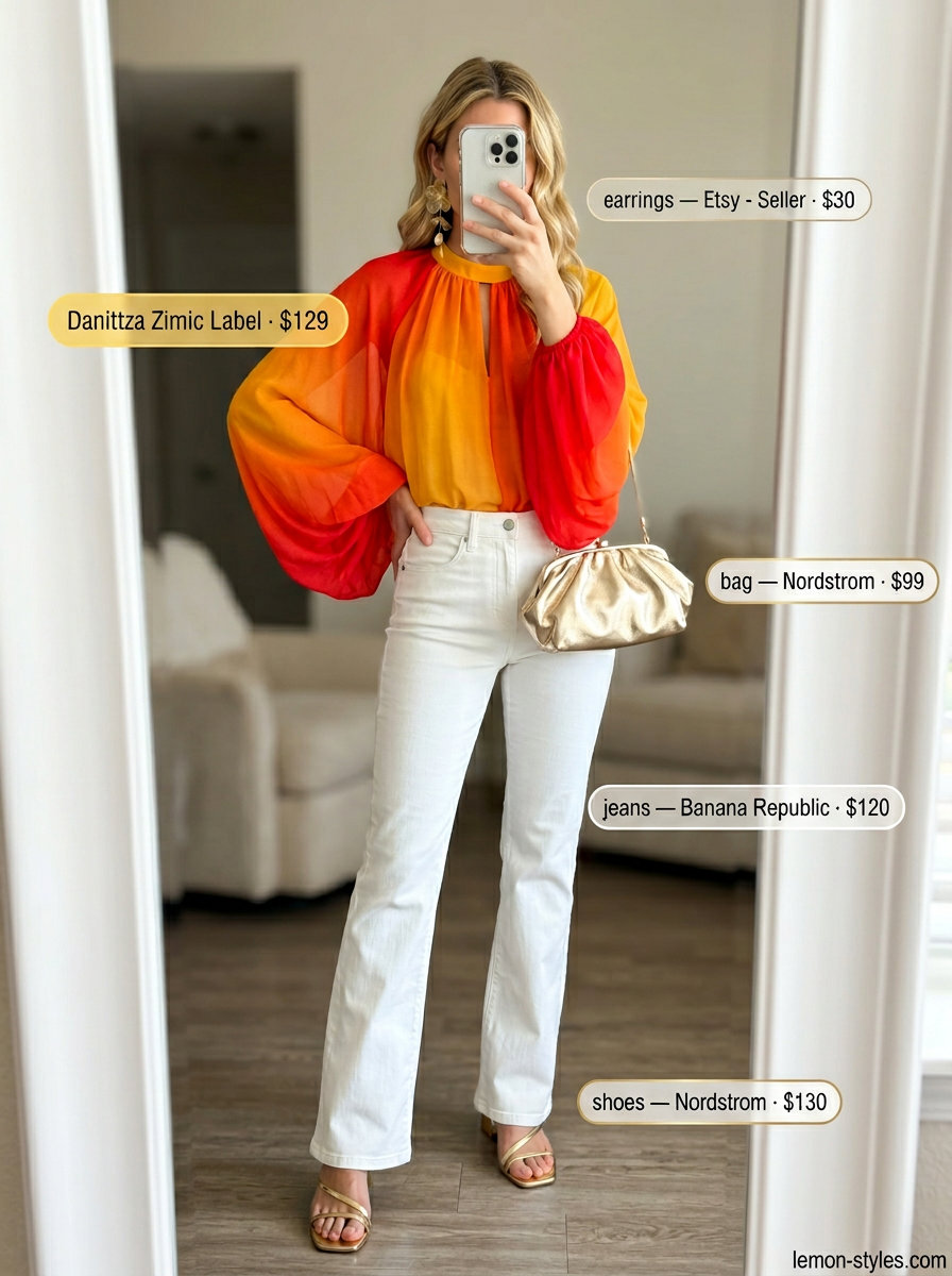 Glamorous white jeans with sunset gradient blouse, gold heels for summer 2026 evening.