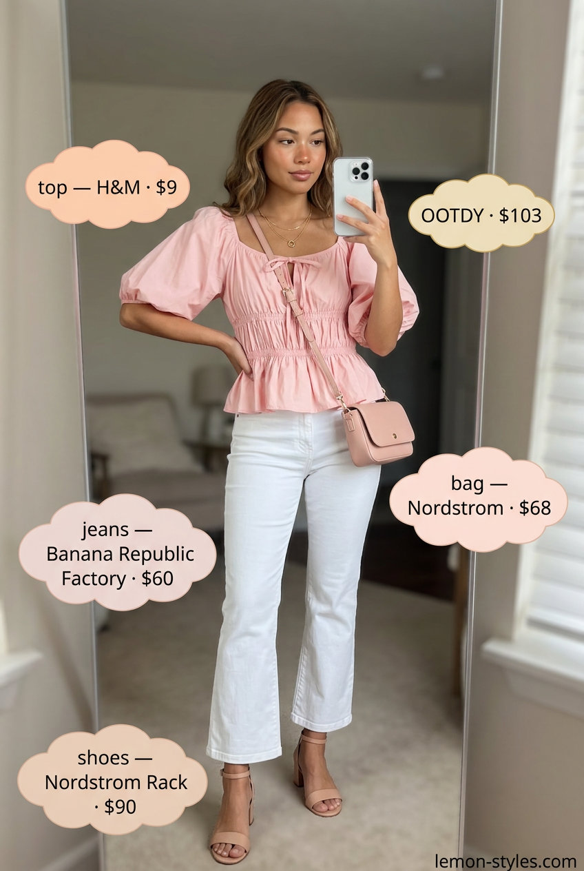 Sweetheart Summer White Jeans: What to Wear with White Jeans Summer 2026. White flare jeans, blush puff-sleeve blouse, and block heels.
