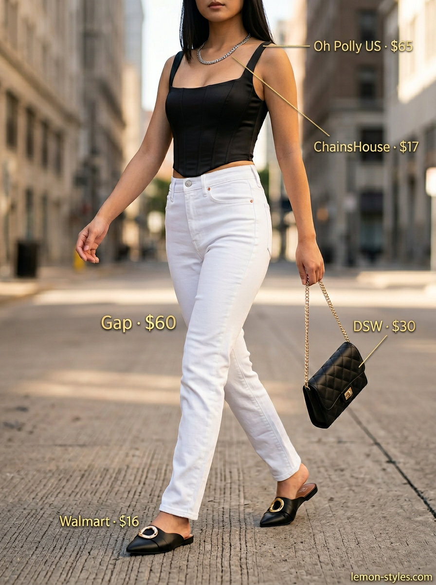 Urban Explorer: What to Wear with White Jeans Summer 2026. Edgy black corset top, white jeans, silver chain, and mules.