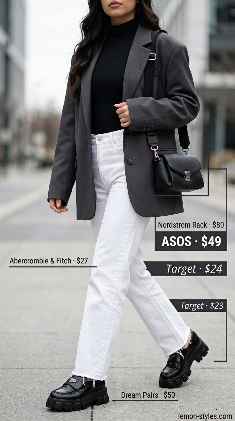 Urban white jeans with black bodysuit, grey blazer, loafers for summer 2026 city exploration.