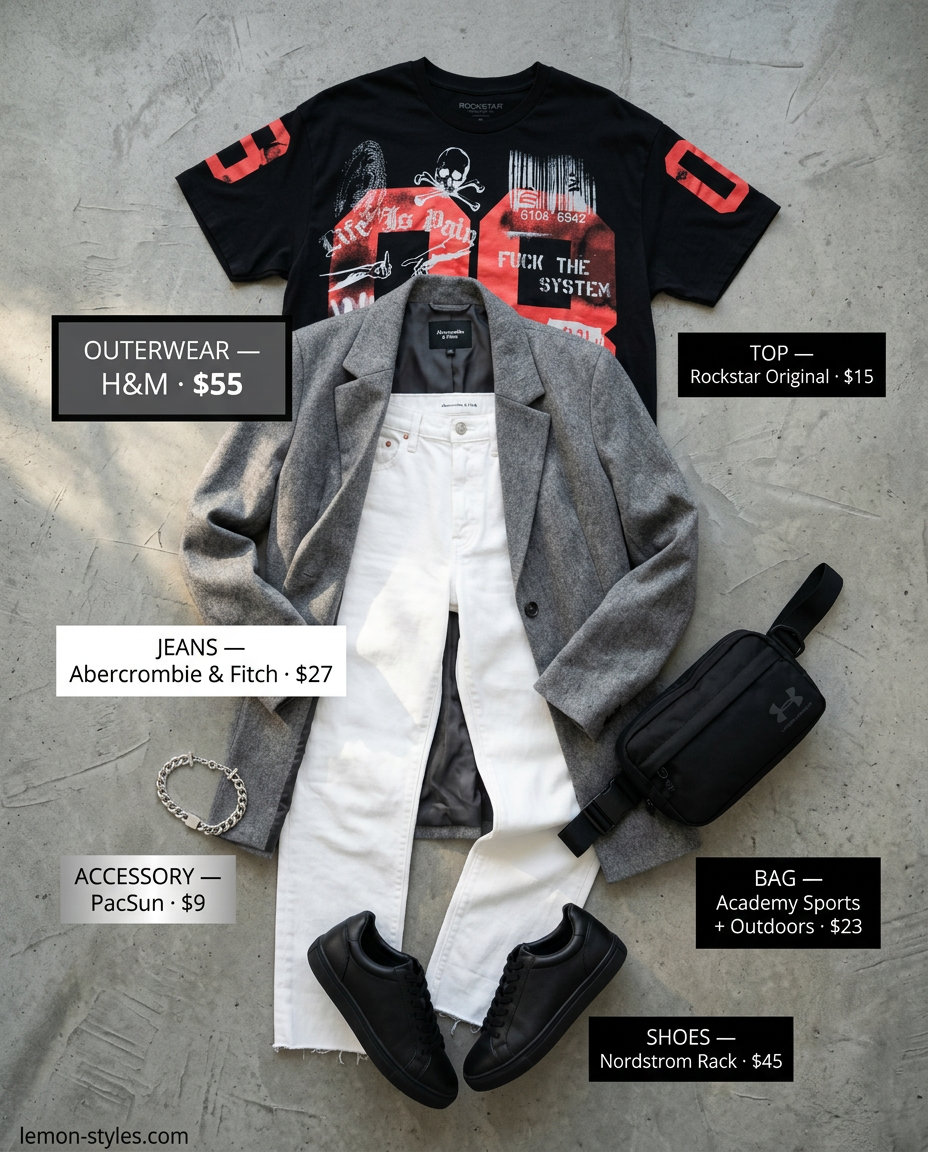 What to Wear with White Jeans Summer 2026: Urban Explorer Chic with oversized grey blazer, straight white jeans, and graphic tee.