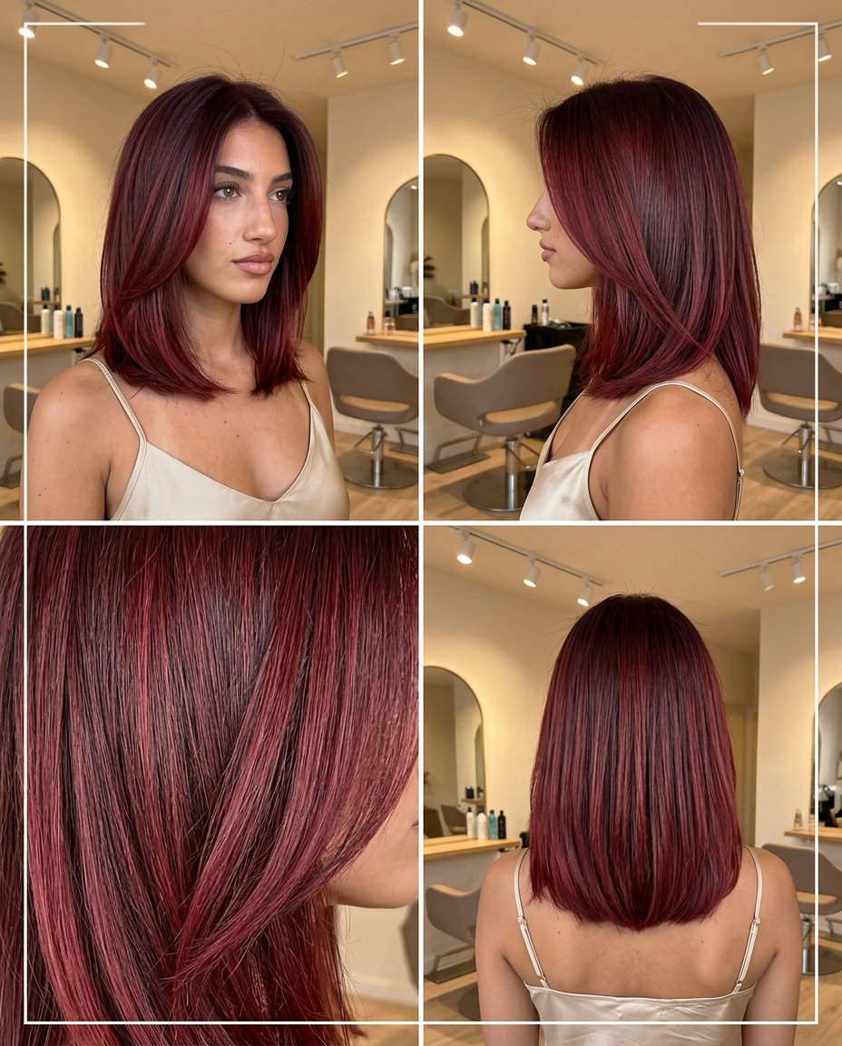 long wine root melt with ruby red on dark base, U-cut back for vintage glamour