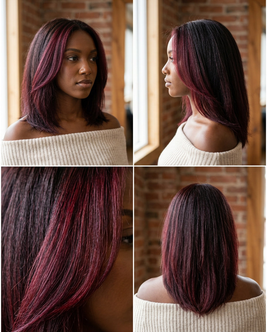 Wine Red Money Piece 2026 long wine red money piece with violet undertones, thick slices — sultry bold look