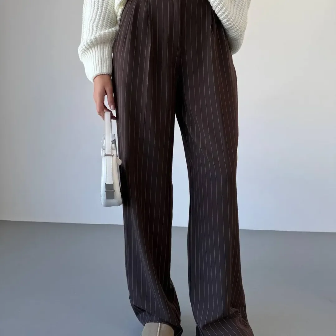 all pants outfits for women 2026 Pinstripe Trousers That Make Cozy Layers Feel Sophisticated