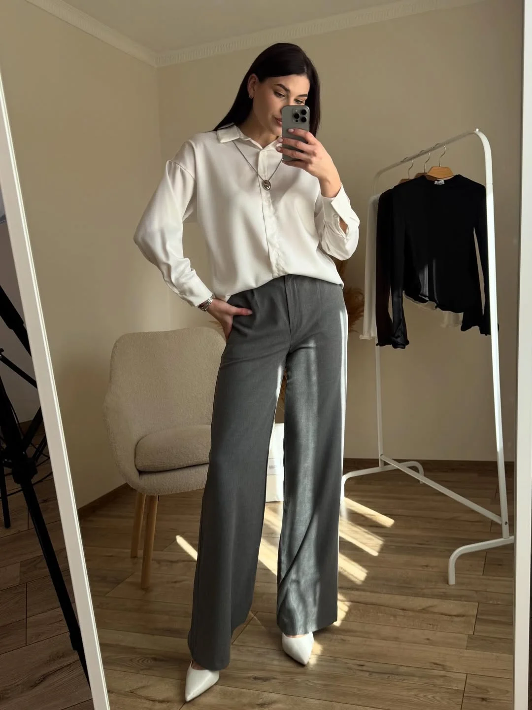 all pants outfits for women 2026 Grey Tailored Pants With The Ultimate White Shirt Combination