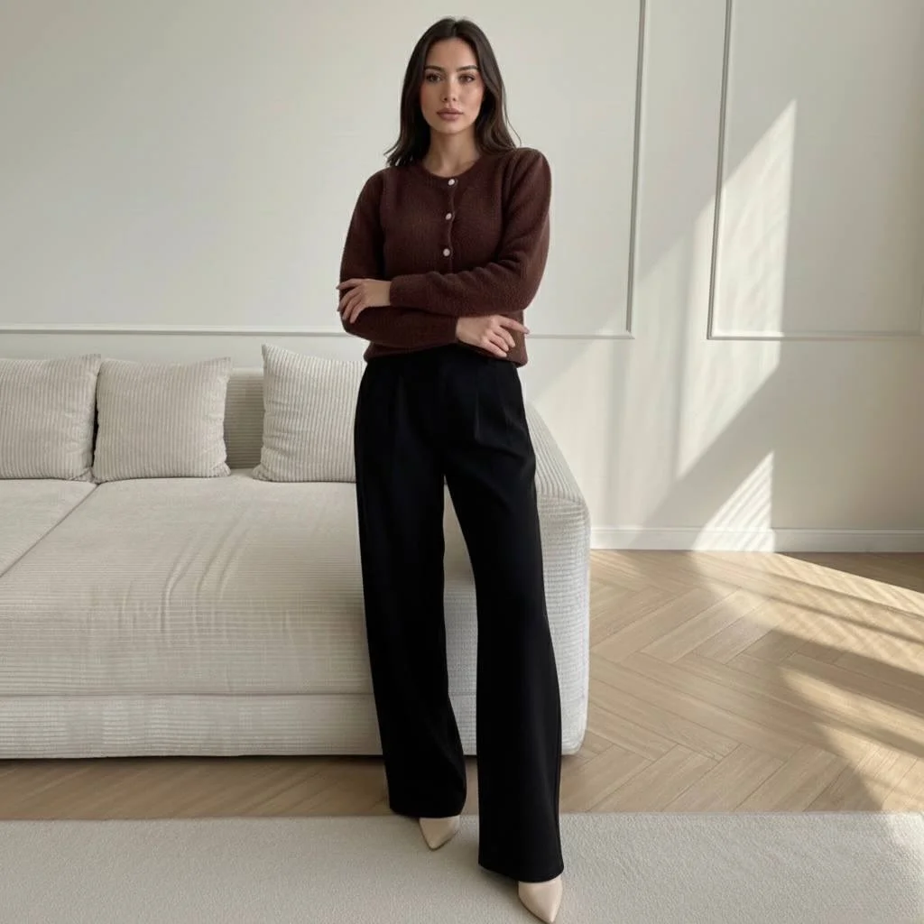 all pants outfits for women 2026 Soft Burgundy Knitwear With Timeless Black Tailoring