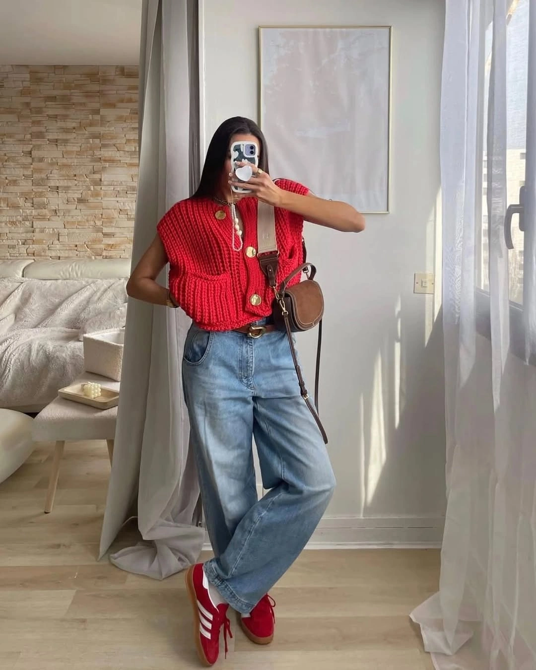comfy fall outfits 2026 Bright Red Knitwear That Turns Everyday Denim into a Statement