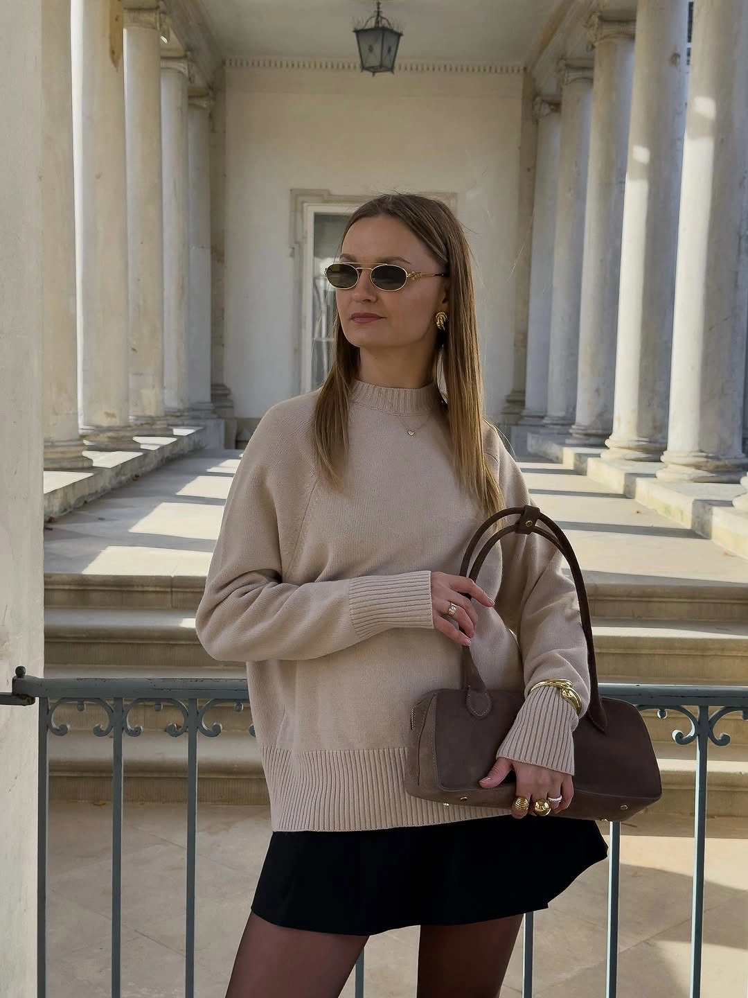 early fall outfits 2026 Neutral Sweater and Mini Skirt for Quiet Luxury Style