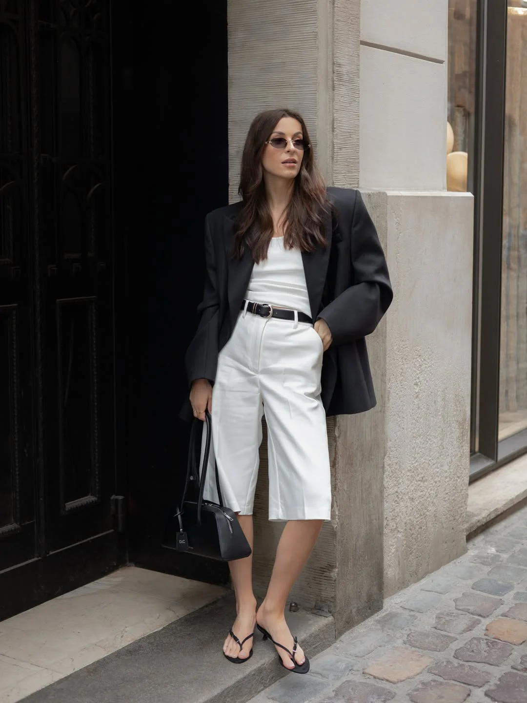 elegant fall office outfits 2026 Black and White Contrast with Tailored Bermuda Shorts
