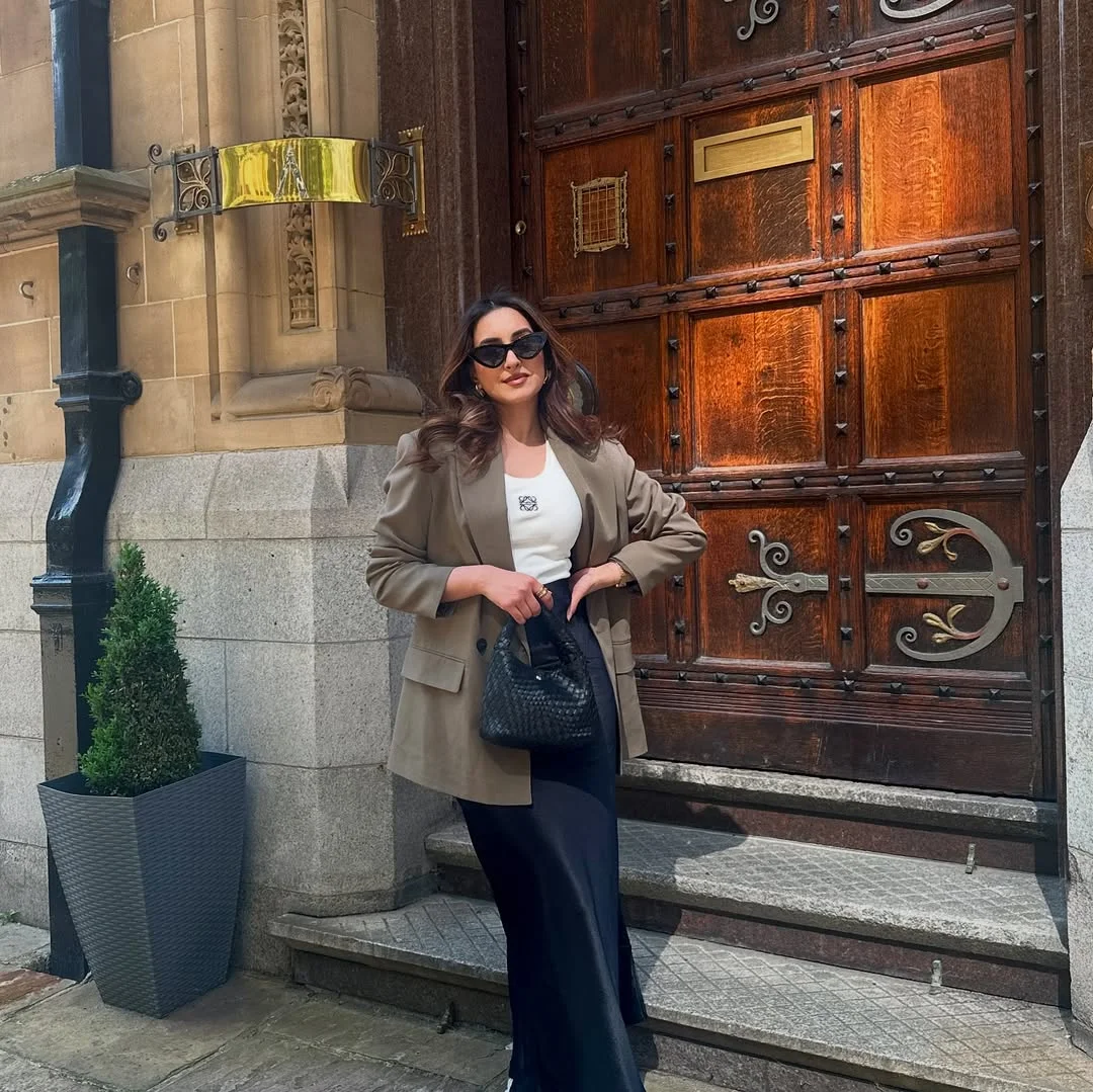 Fall blazer outfit inspo 2026 Soft Brown Tailoring with Satin Skirt Energy