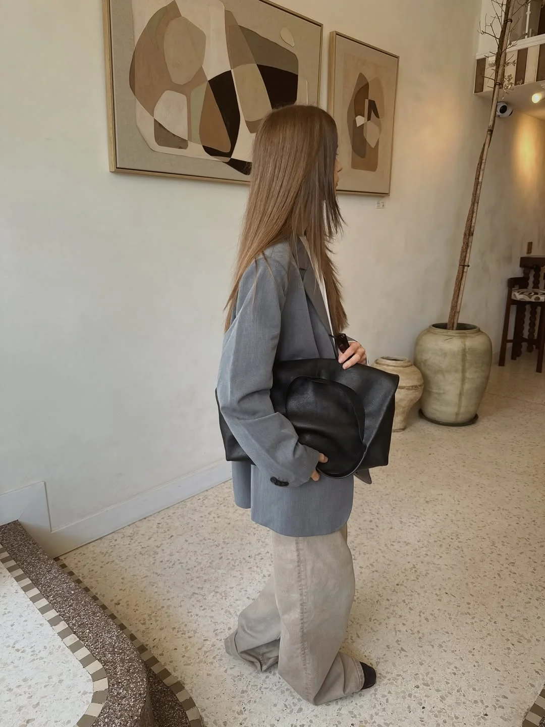 Fall blazer outfit inspo 2026 Relaxed Grey Tailoring with Wide-Leg Trousers and Minimal Accessories