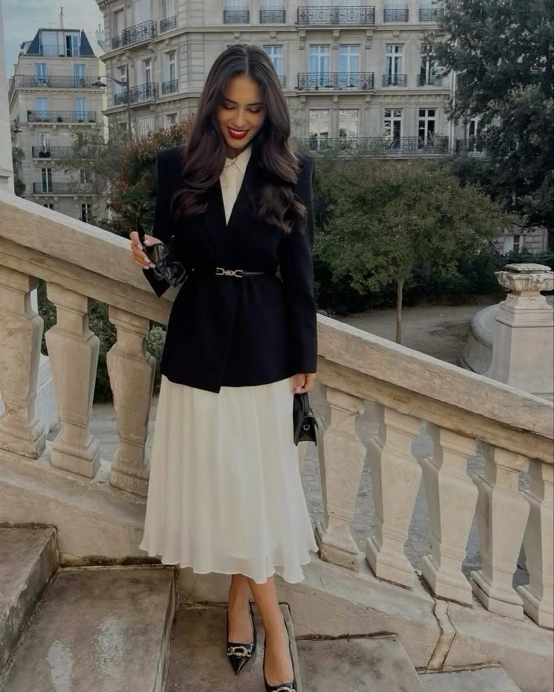 Fall blazer outfit inspo 2026 Elegant Black Blazer Styling with a Flowing White Dress
