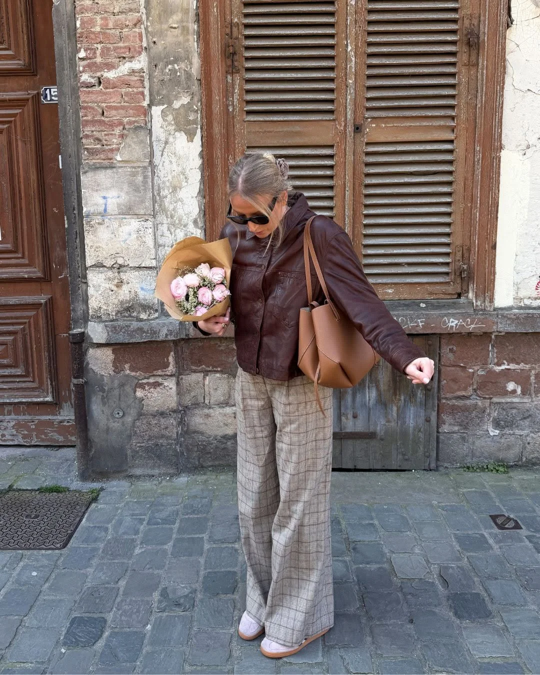 fall fashion outfits 2026 Rich Chocolate Leather with Relaxed Plaid Trousers