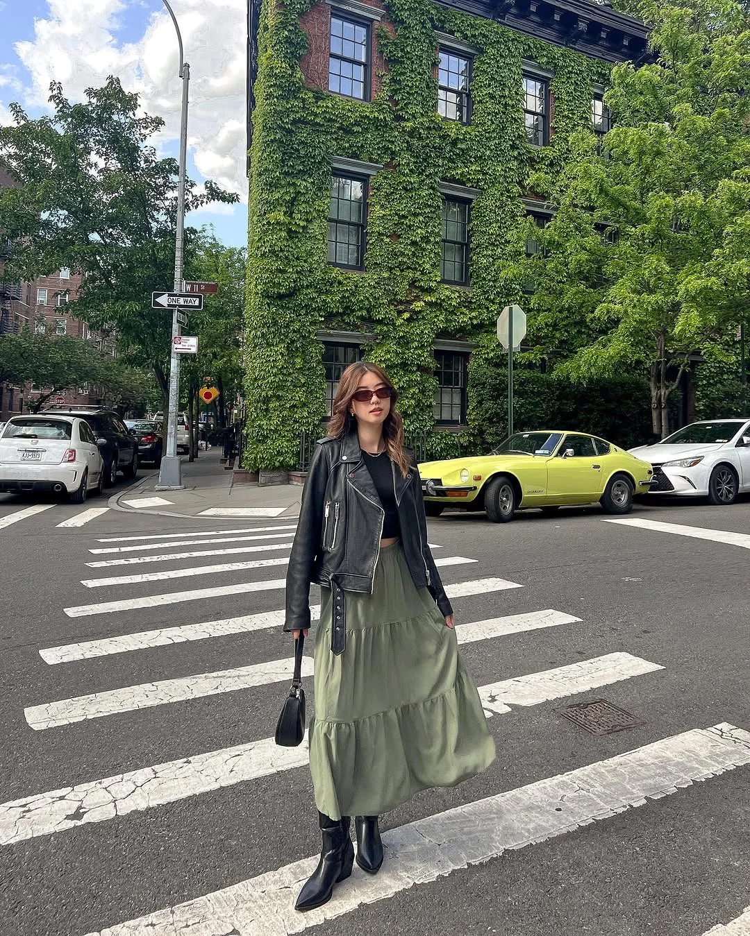 fall fashion outfits 2026 Flowing Olive Skirts Meet Classic Black Leather