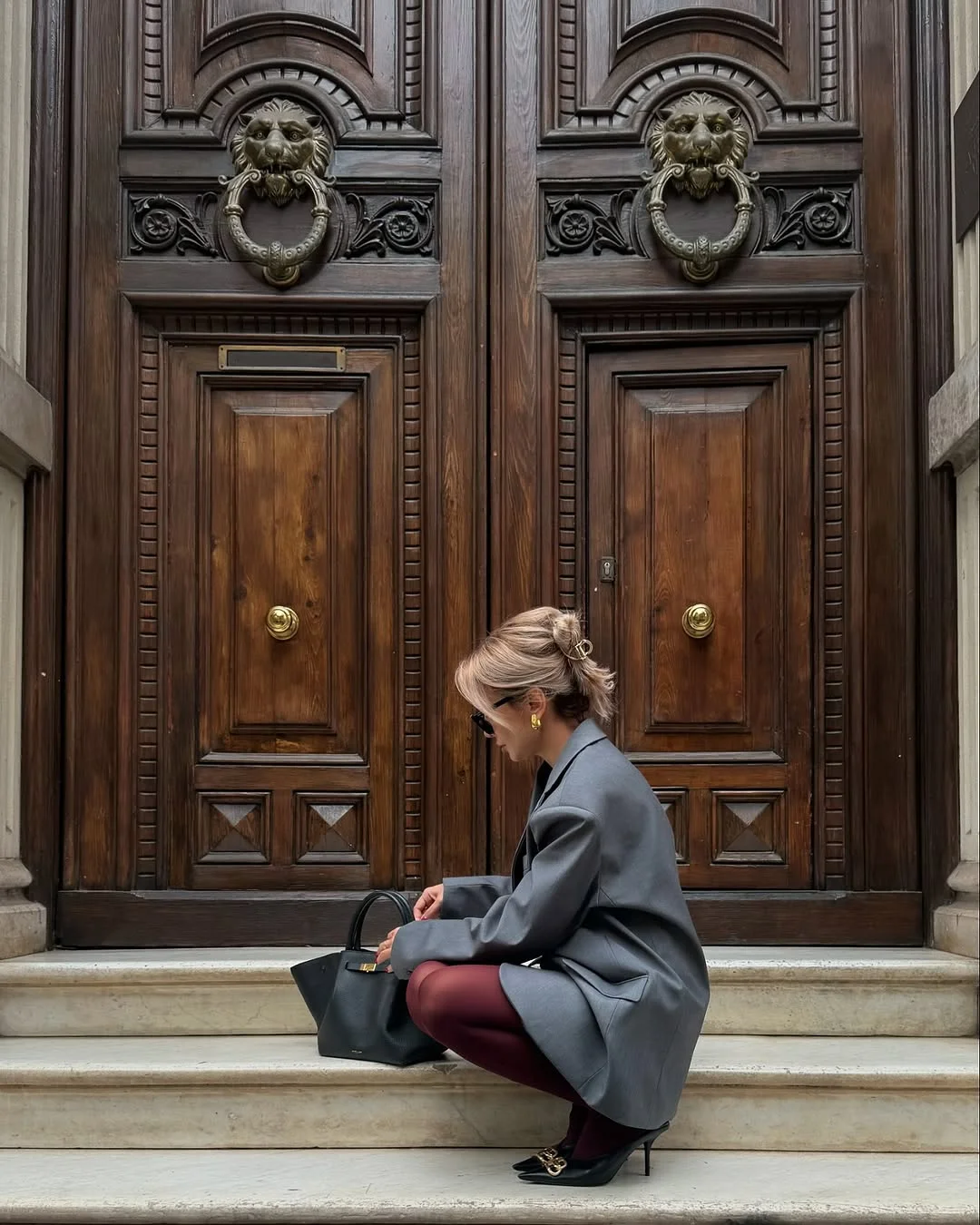 fall fashion outfits 2026 Gray Blazers and Burgundy Tights Create Quiet Drama