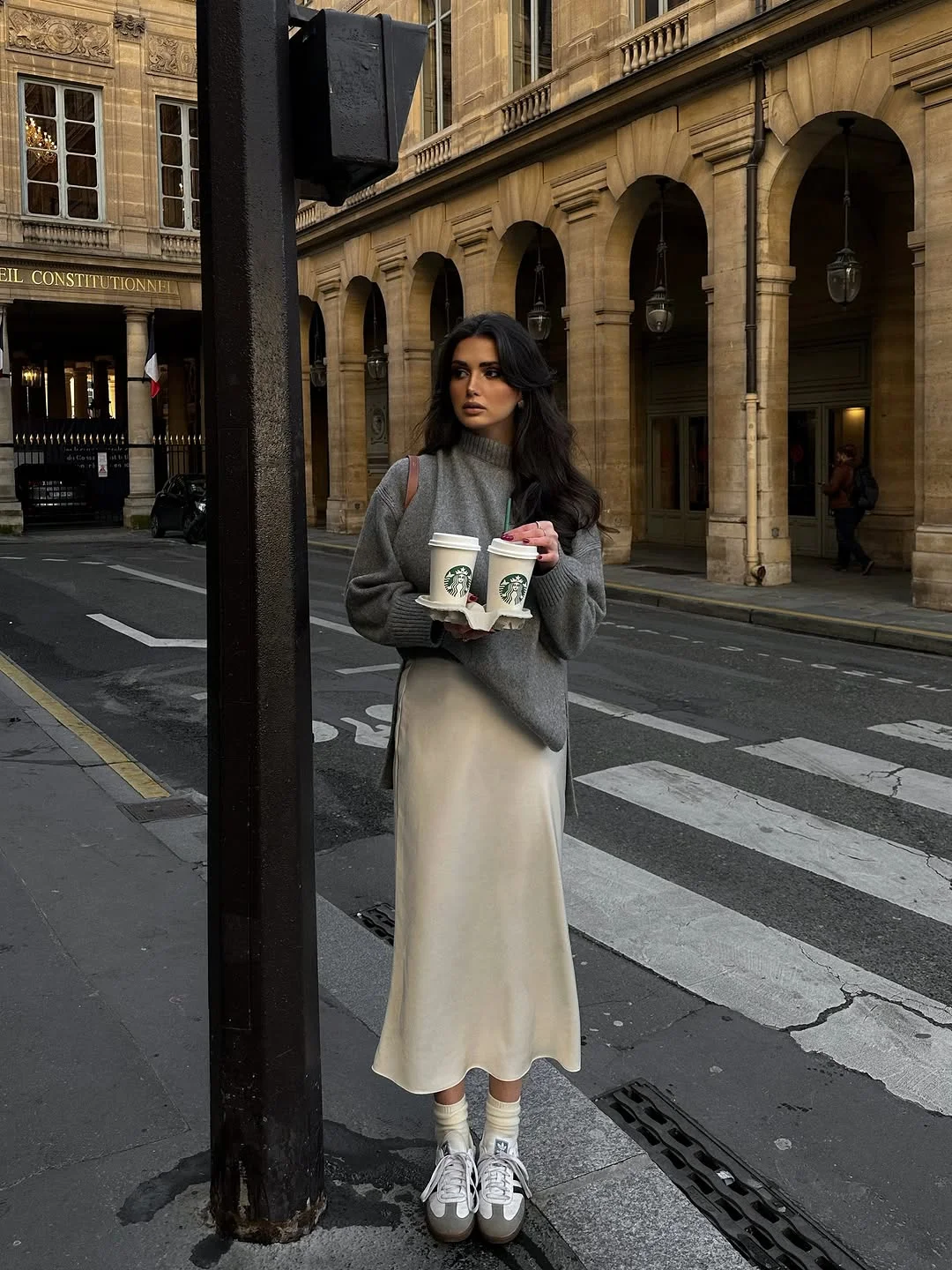 fall fashion outfits 2026 Gray Sweater with Satin Midi Skirt