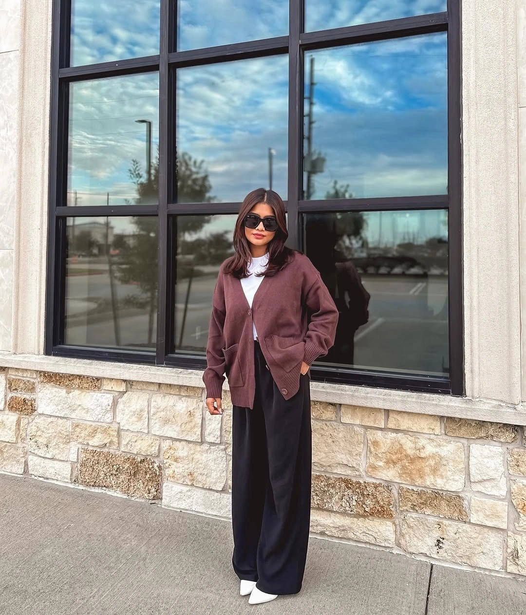 fall going out outfits 2026 Chocolate Cardigan with Wide-Leg Trousers for Minimalist Evenings