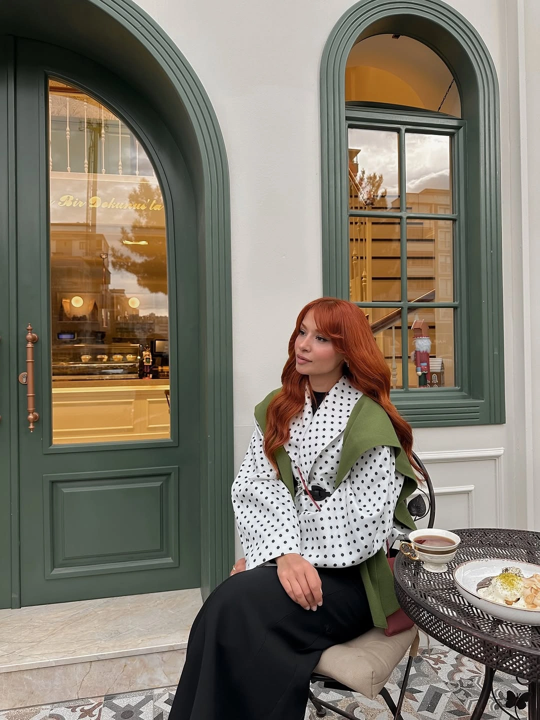 fall going out outfits 2026 Polka Dots and Olive Layers for Elegant Café Style
