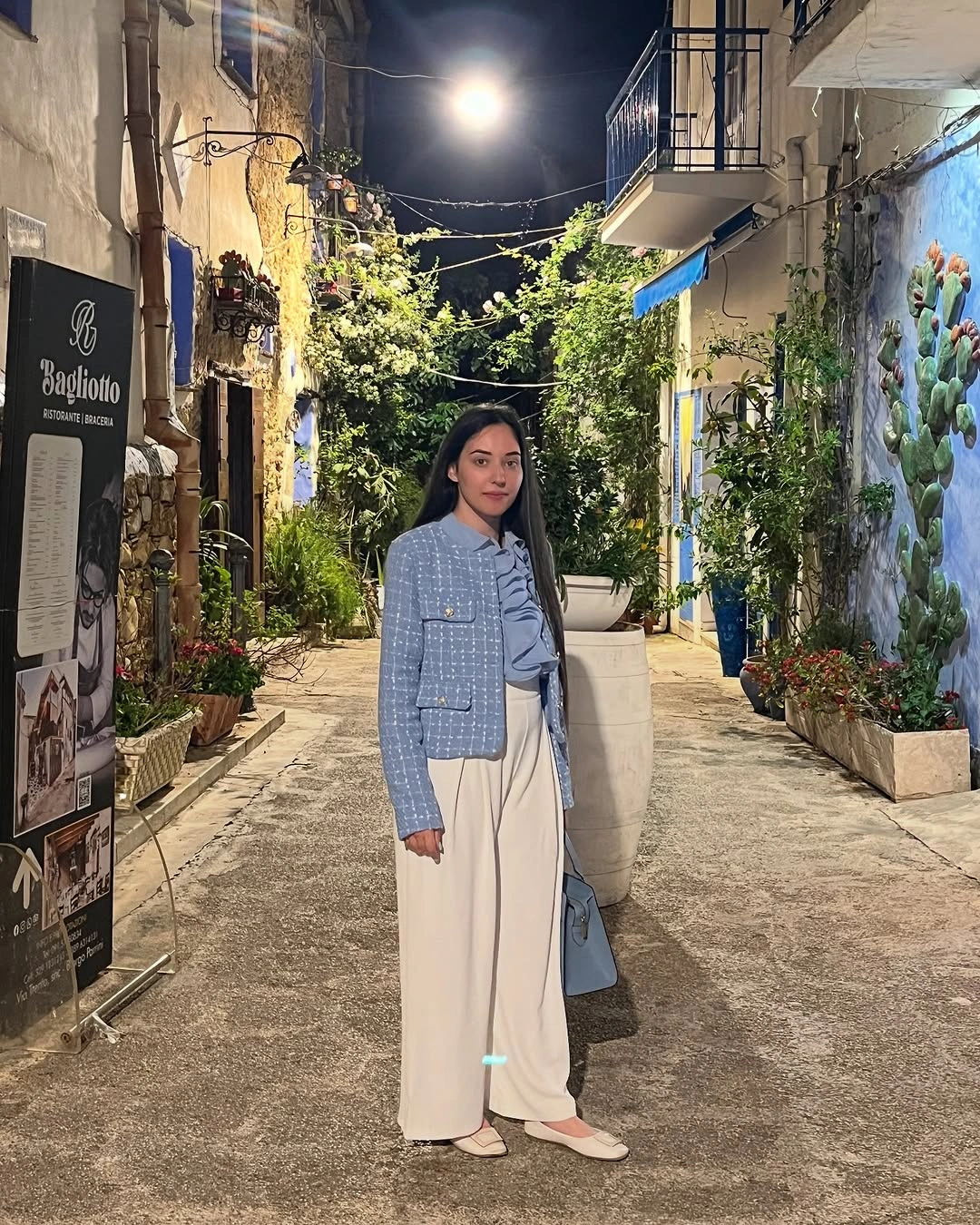 fall going out outfits 2026 Soft Blue Tweed with Flowing Trousers for Elegant Autumn Nights
