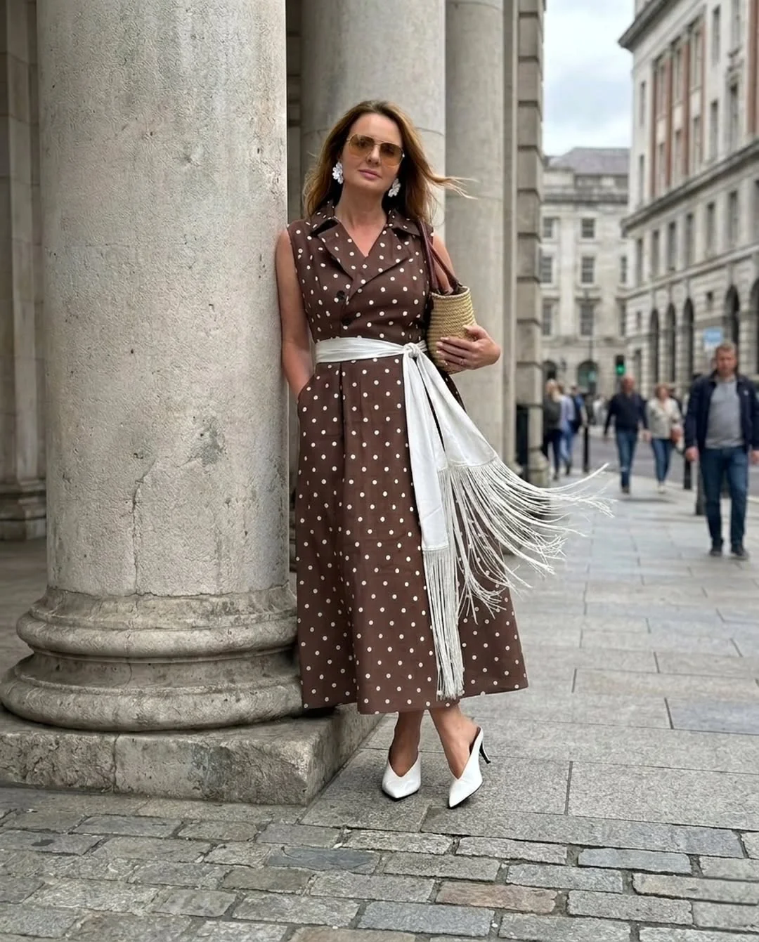 fall outfits for big busted women 2026 A Polka Dot Midi Dress That Defines the Waist Beautifully