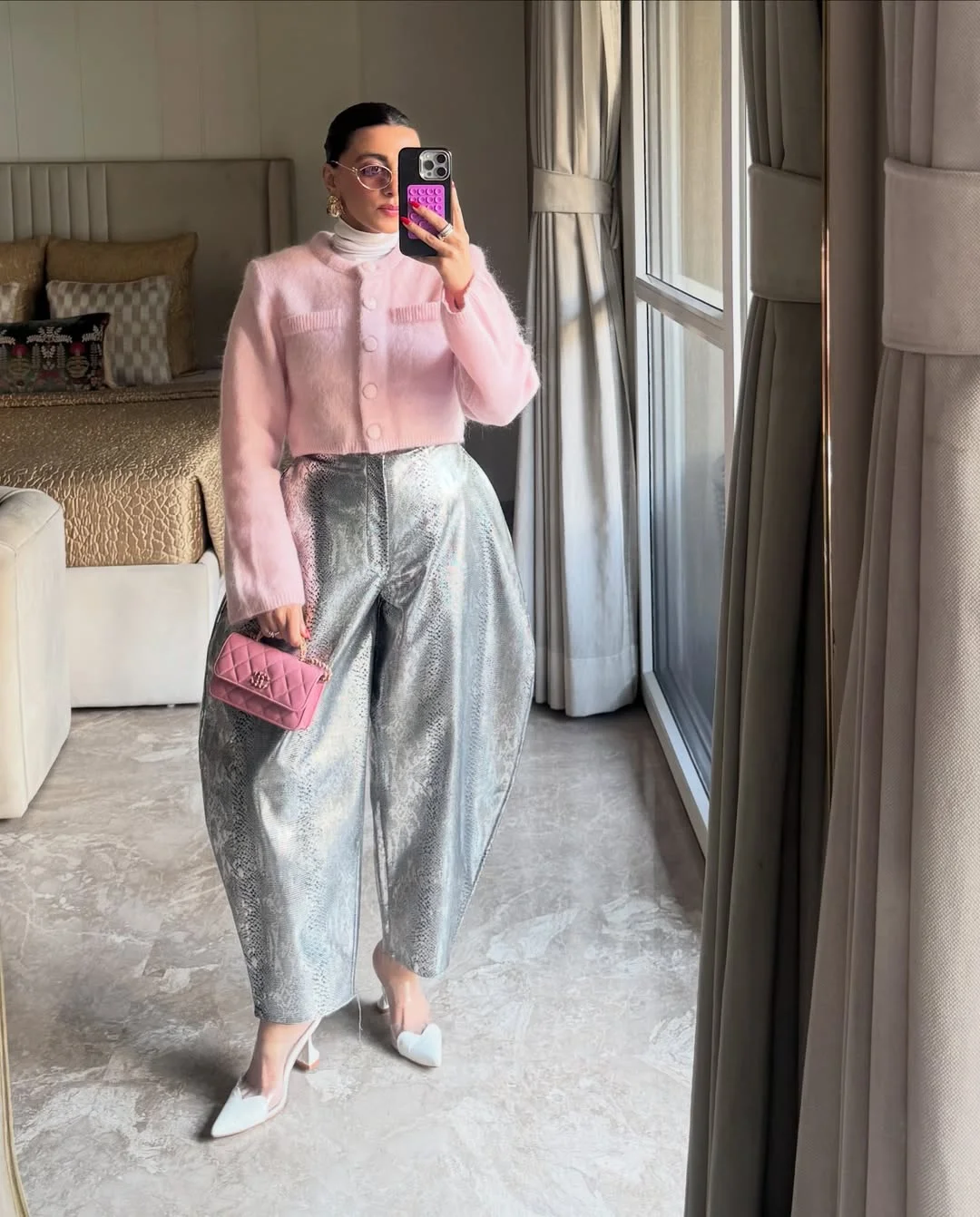 fall outfits for women in 30s style 2026 Soft Pastels Meet Statement Metallic Trousers