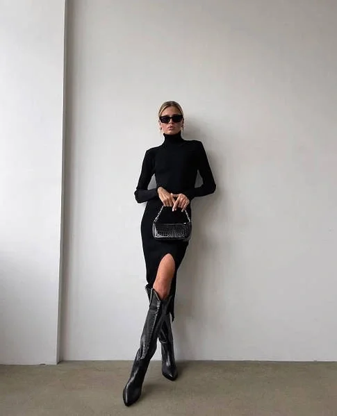 Fall outfits ideas 2026 Elegant Black Turtleneck Dresses With Tall Boots