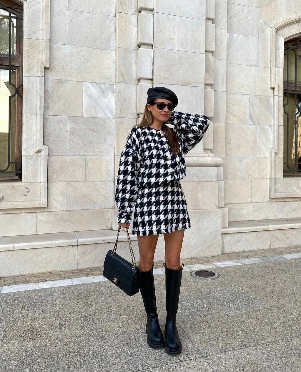fall outfits with boots 2026 Classic Houndstooth with Knee-High Boots