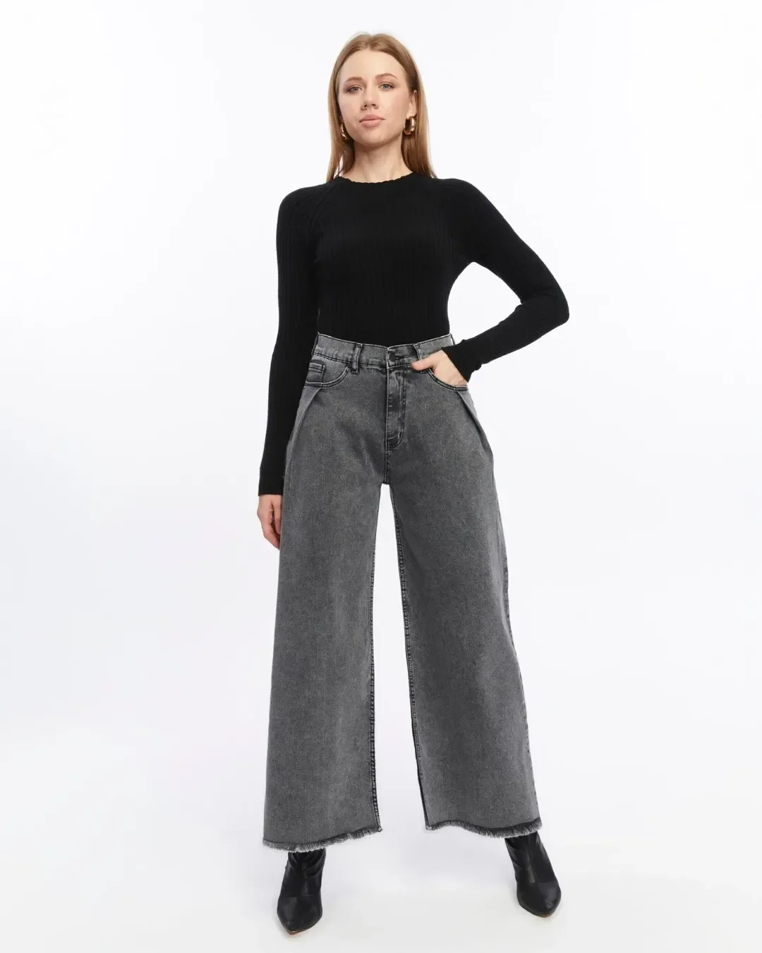 fall outfits with jeans 2026 Charcoal Wide-Leg Jeans with Minimalist Black Layers