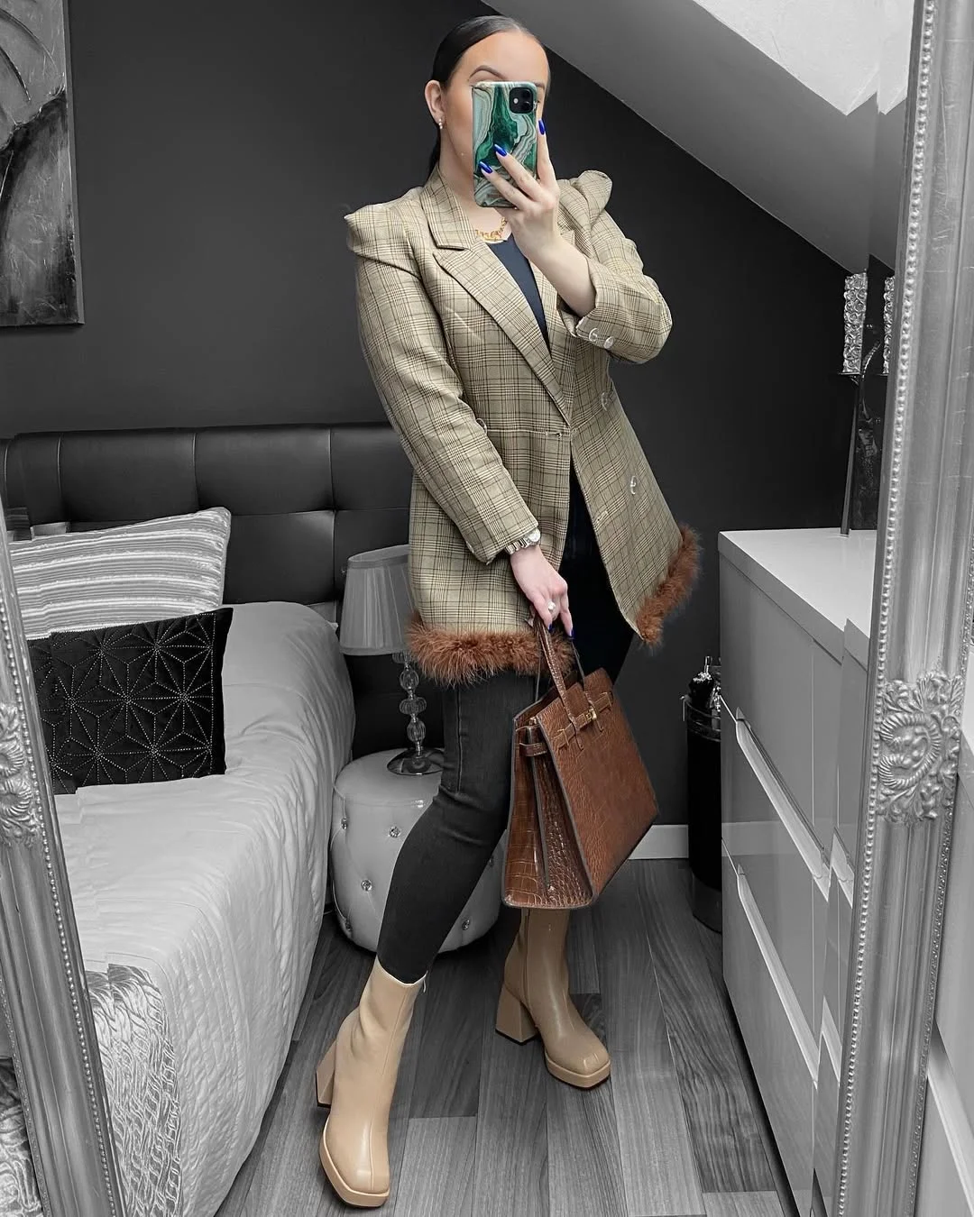 fall outfits with leggings and boots 2026 Tailored Plaid Layers With Neutral Boots