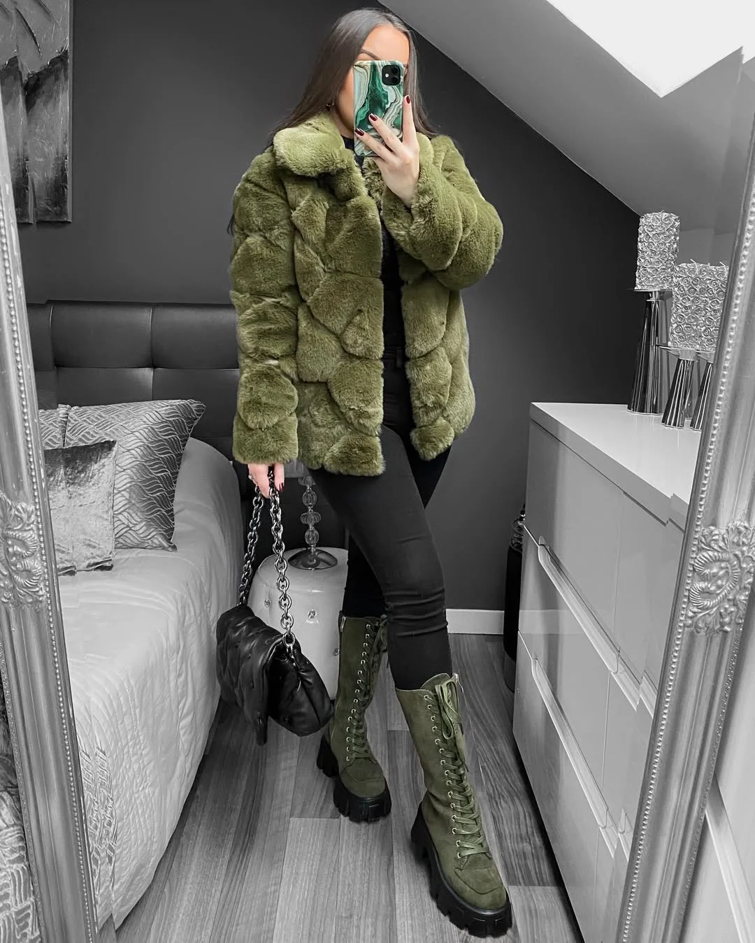 fall outfits with leggings and boots 2026 Olive Green Texture With Statement Lace-Up Boots